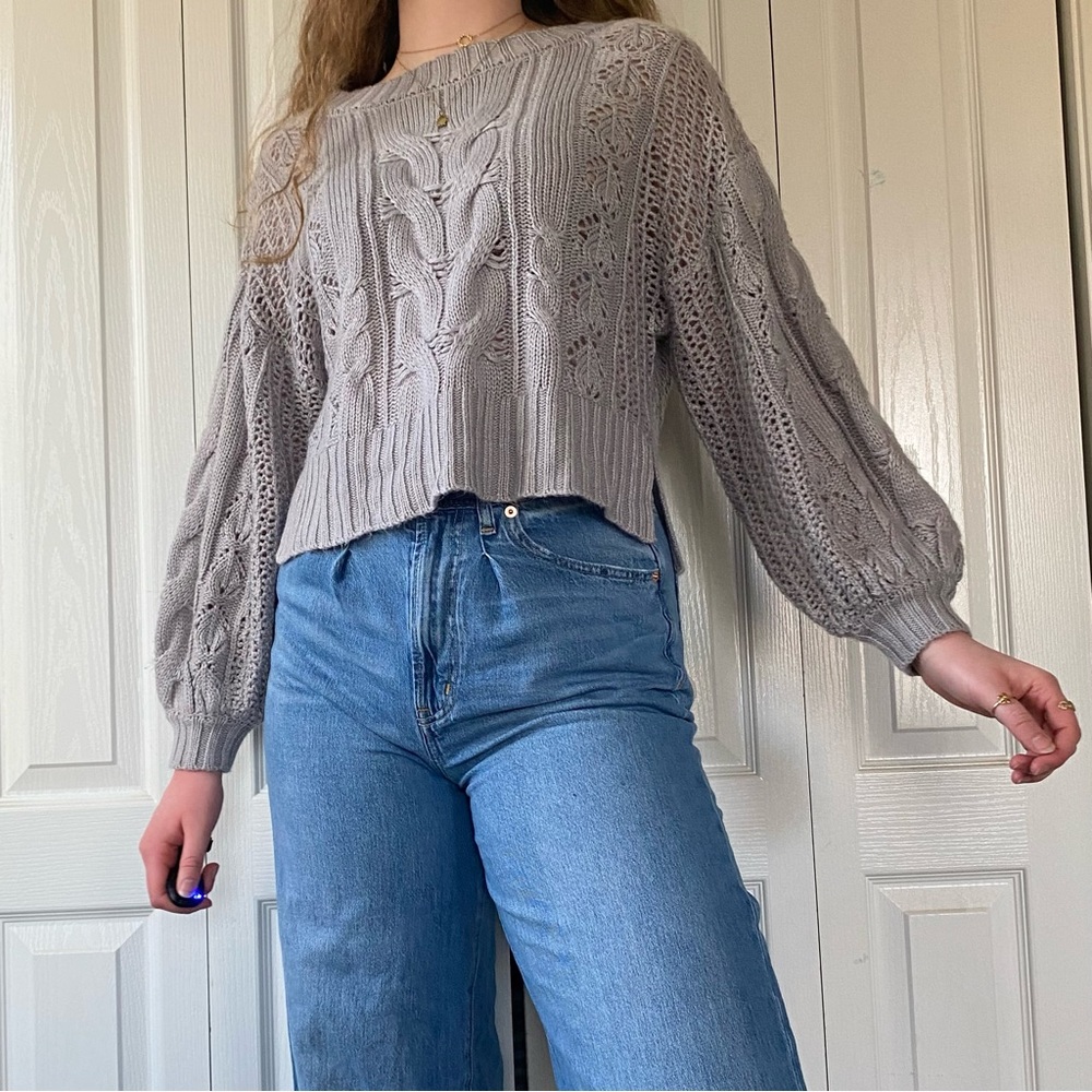 GREY PUFF SLEEVE SWEATER CROPPED LAUREN CONRAD SIZE LARGE KNIT SOFT CREWNECK